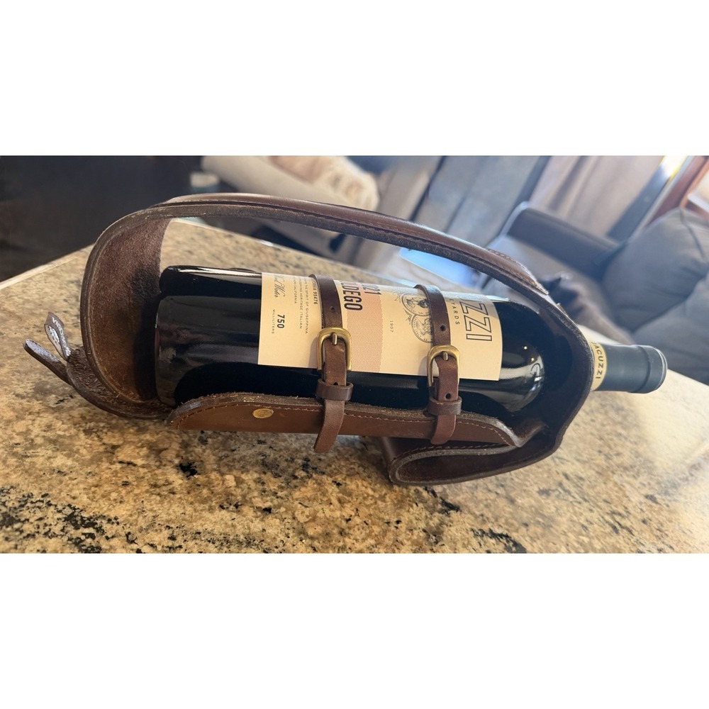 Gattorna Brown Leather 1-Bottle Wine Carrier with Handle, Solid/Plain